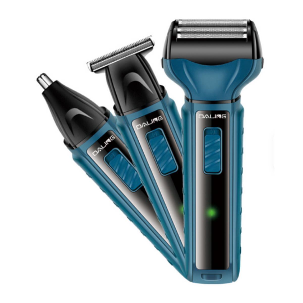 Barbeador Elétrico 3 em 1 Daling DL-9252 com as três cabeças intercambiáveis.
