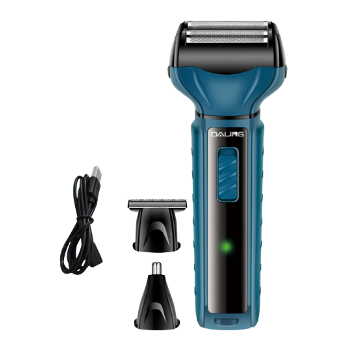 Detalhe das lâminas e do design ergonômico do barbeador elétrico.